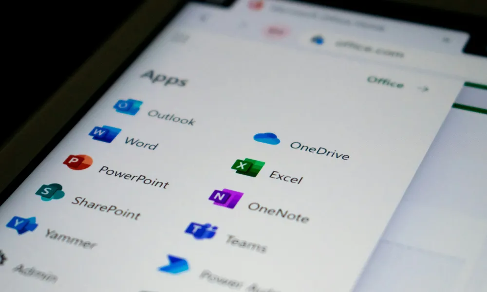 A photograph of the apps available within Office 365 including Outlook, OneDrive, Word and Excel.