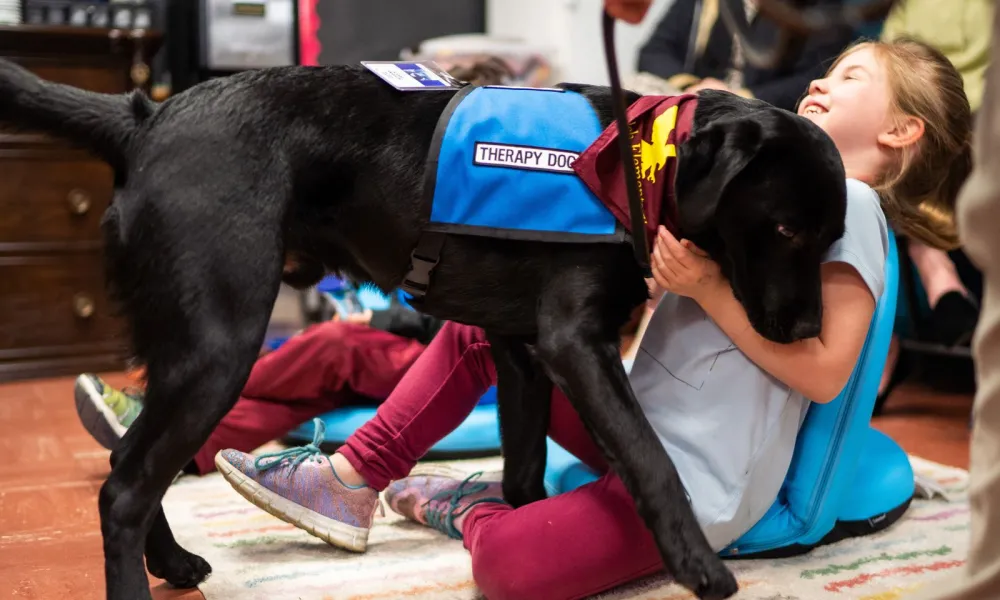 A therapy dog greets a young student.