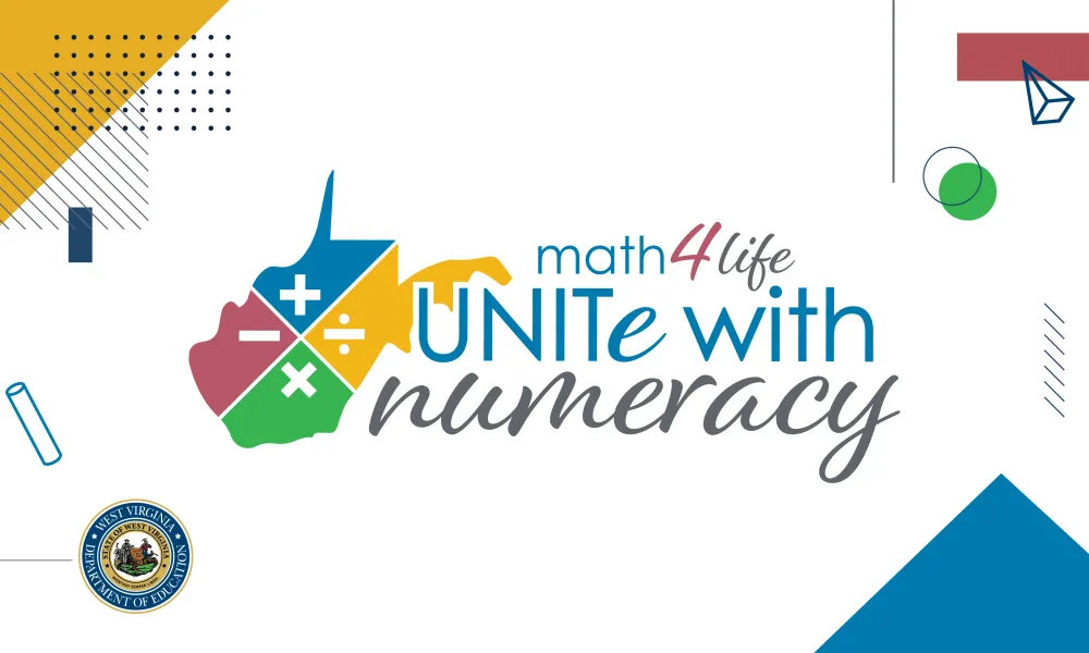 Graphic with the words "Math4Life, Unite with Numeracy" on it.