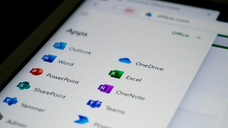 A photograph of the apps available within Office 365 including Outlook, OneDrive, Word and Excel.