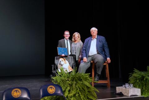 Pictured are Seth Skiles, State Superintendent of Schools Michele L. Blatt, and Governor Jim Justice posing for a photo.